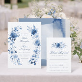 Elegant Dusty Blue Watercolor Floral Wedding 招待状