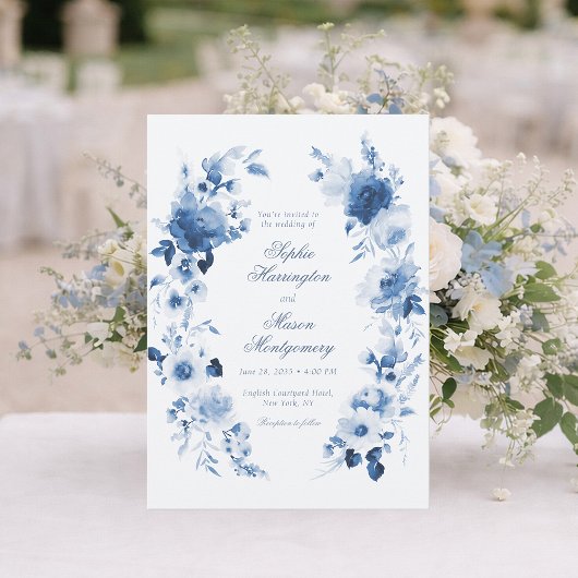 Elegant Dusty Blue Watercolor Floral Wedding 招待状