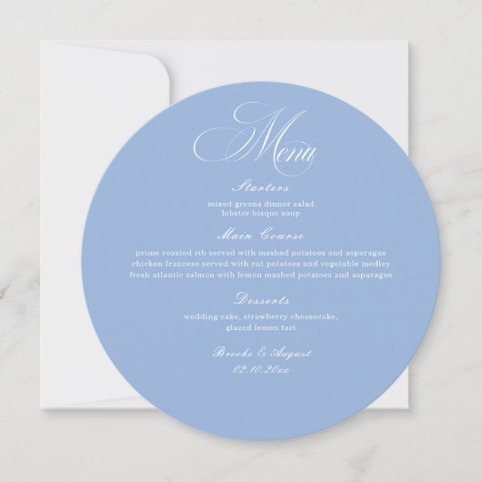 Elegant Dusty Blue Wedding Menu Circle Card (正面)