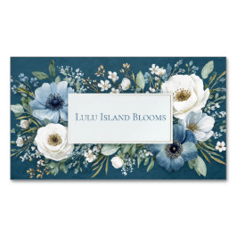 Elegant Dusty Blue White Floral Teal Gold Frame マグネット名刺