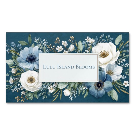 Elegant Dusty Blue White Floral Teal Gold Frame マグネット名刺 (正面)