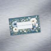 Elegant Dusty Blue White Floral Teal Gold Frame マグネット名刺 (インサイチュ)