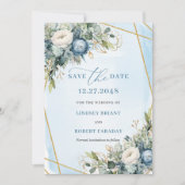 Elegant Dusty Blue White Gold Floral Save The Date 招待状 (正面)