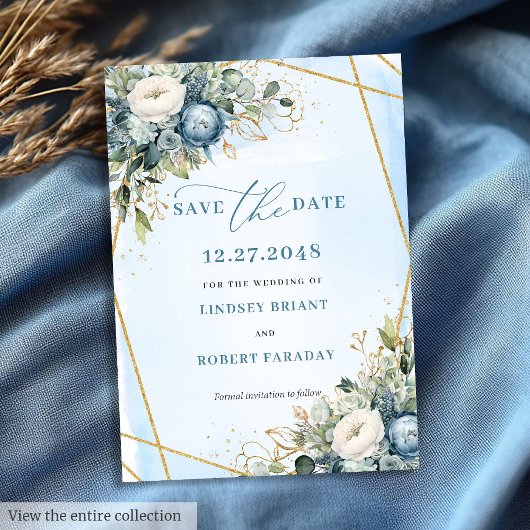 Elegant Dusty Blue White Gold Floral Save The Date 招待状