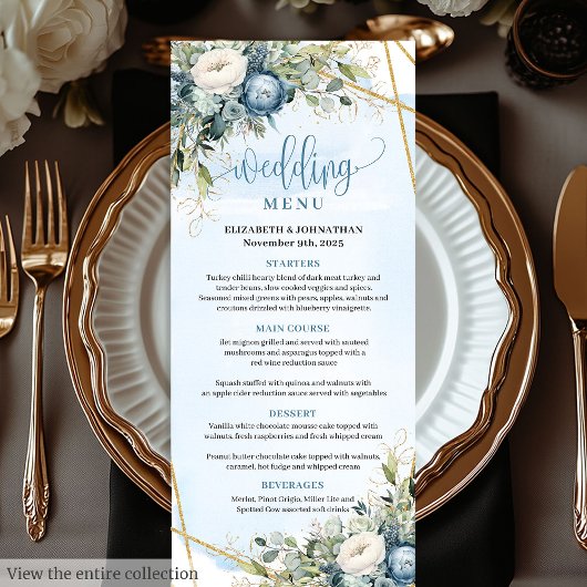 Elegant Dusty Blue White Gold Floral Wedding Menu メニュー