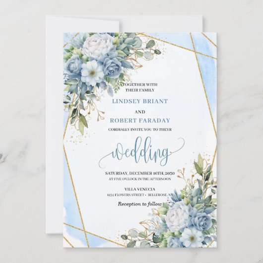 Elegant dusty blue white peonies wedding invites 招待状 (正面)