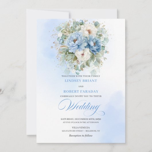 Elegant Dusty Blue White Peony Eucalyptus Wedding 招待状 (正面)