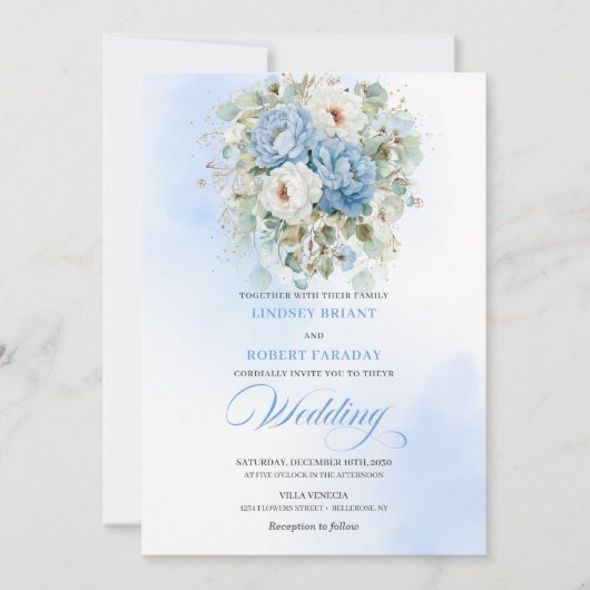 Elegant Dusty Blue White Peony Gold Wedding Invite 招待状 (正面)