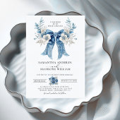 Elegant Dusty Blue White Rose Floral Bow Wedding 招待状