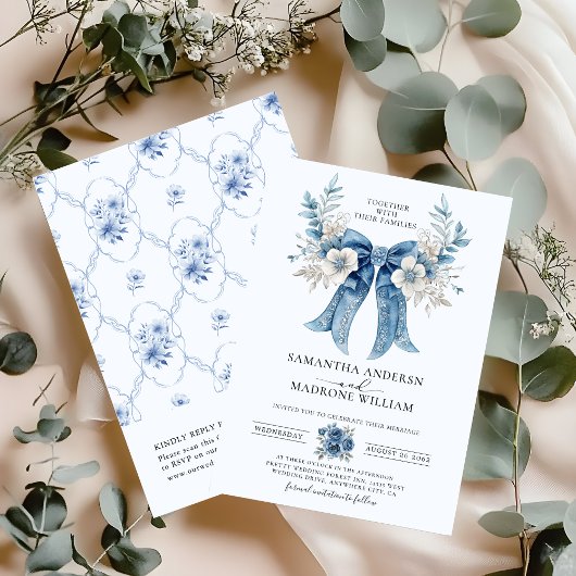 Elegant Dusty Blue White Rose Floral Bow Wedding 招待状