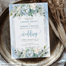 Elegant Dusty Blue White Silver Peonies Wedding  招待状