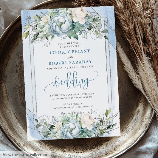 Elegant Dusty Blue White Silver Peonies Wedding  招待状