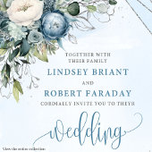 Elegant Dusty Blue White Silver Peonies Wedding  招待状