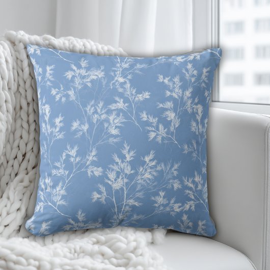 Elegant Dusty Blue Winter Frost Botanical Pillow クッション