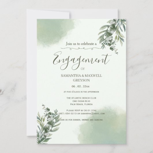 Elegant Dusty Green Script engagement Invitation 招待状 (正面)