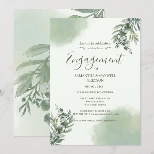 Elegant Dusty Green Script engagement Invitation 招待状 (正面/裏面)