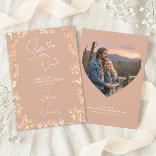 Elegant Dusty Peach Ivory Script Wildflowers Photo セーブザデート