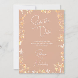 Elegant Dusty Peach Ivory Script Wildflowers Photo セーブザデート