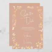 Elegant Dusty Peach Ivory Script Wildflowers Photo セーブザデート (正面/裏面)