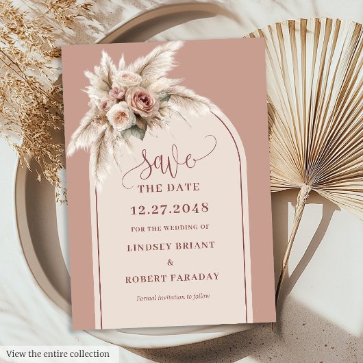 Elegant Dusty Pink Boho Floral Save the Date Card 招待状
