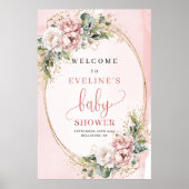 Elegant Dusty Pink Floral Baby Shower Welcome Sign ポスター (正面)