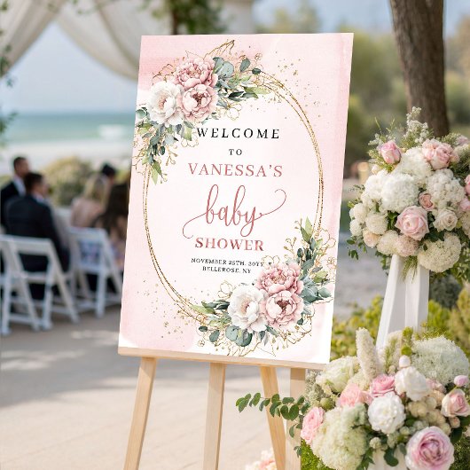 Elegant Dusty Pink Floral Baby Shower Welcome Sign ポスター