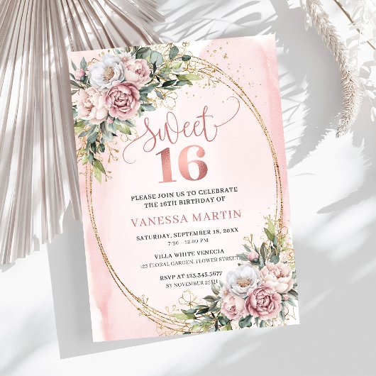 Elegant Dusty Pink Floral Greenery Sweet Sixteen 招待状