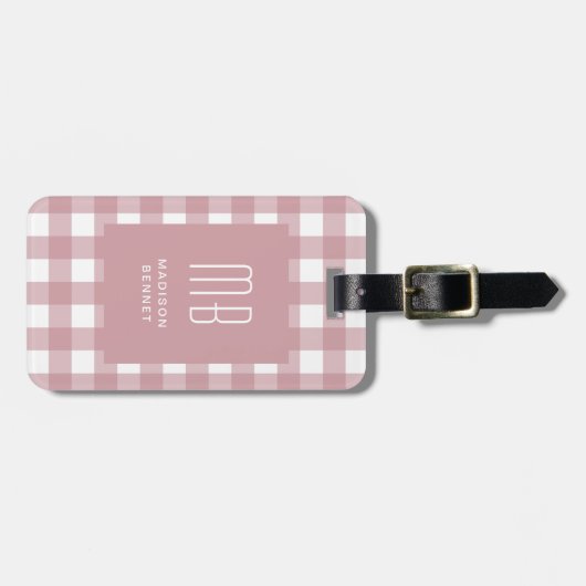 Elegant Dusty Pink Gingham Monogram ラゲッジタグ (正面横)