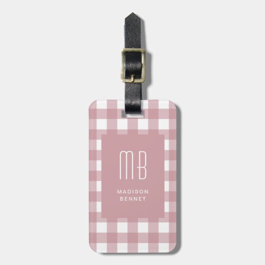 Elegant Dusty Pink Gingham Monogram ラゲッジタグ (正面縦)