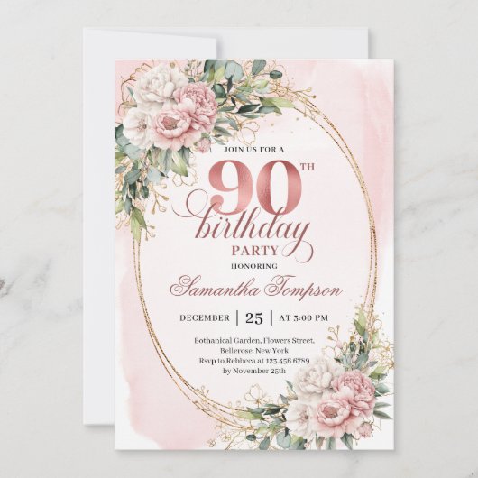 Elegant Dusty Pink Gold Greenery 90th Birthday  招待状 (正面)
