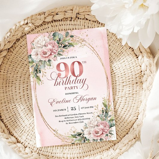 Elegant Dusty Pink Gold Greenery 90th Birthday  招待状