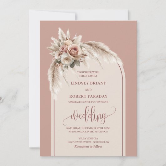 Elegant Dusty Pink Pampas Floral Wedding Invite 招待状 (正面)