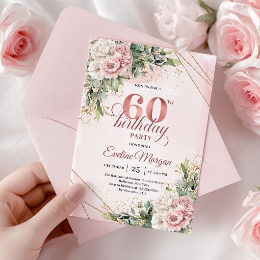 Elegant Dusty Pink Rose Gold 60th Birthday Invite 招待状