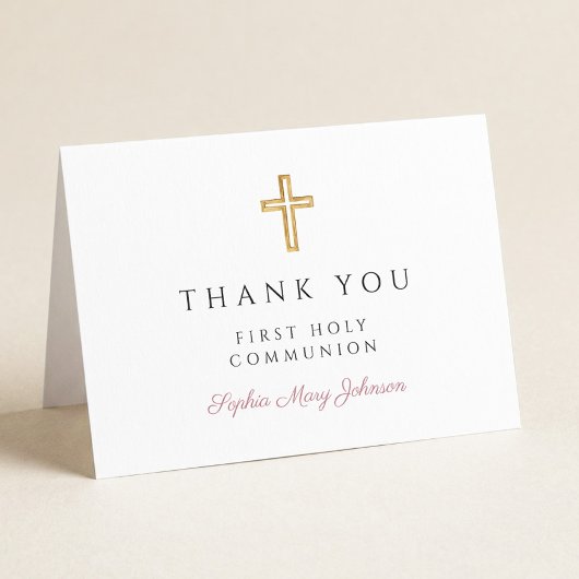 Elegant Dusty Pink Script First Communion サンキューカード