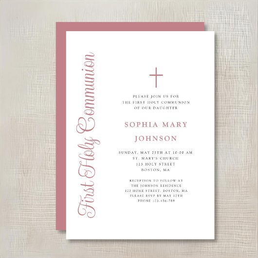 Elegant Dusty Pink Script Girl First Communion 招待状