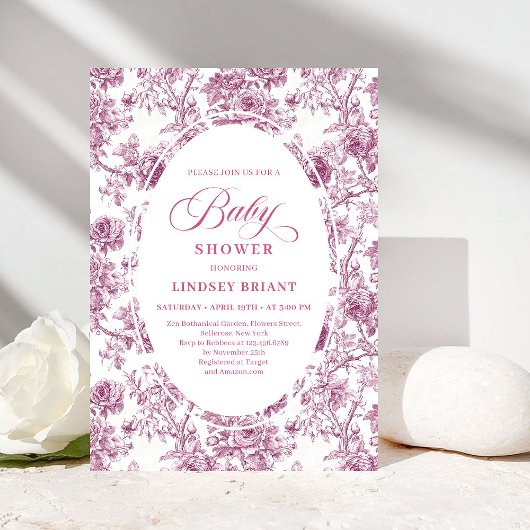 Elegant Dusty Pink Toile Roses Baby Shower Invitе 招待状