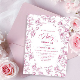 Elegant Dusty Pink Toile Roses Baby Shower Invite 招待状