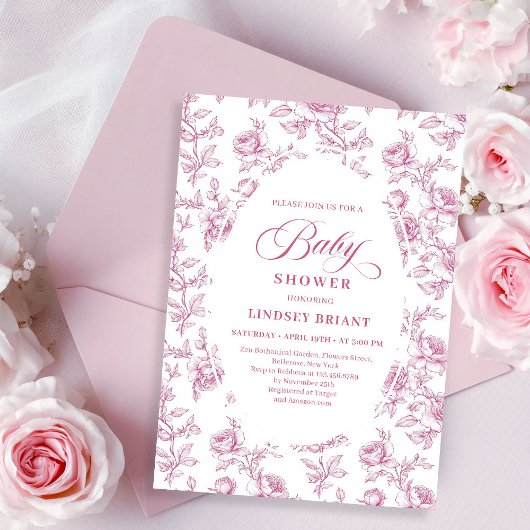 Elegant Dusty Pink Toile Roses Baby Shower Invite 招待状