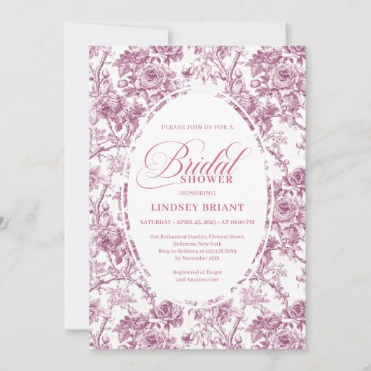 Elegant Dusty Pink Toile Roses Bridal Shower Invit 招待状 (正面)