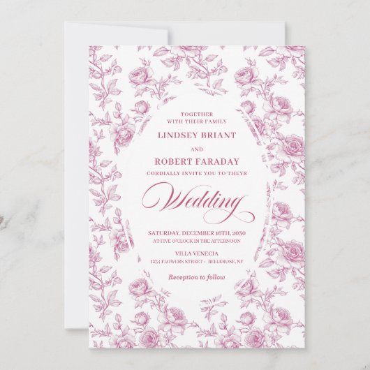 Elegant Dusty Pink Toile Roses Wedding Invitation 招待状 (正面)
