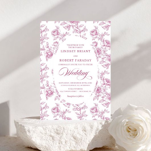 Elegant Dusty Pink Toile Roses Wedding Invitation 招待状