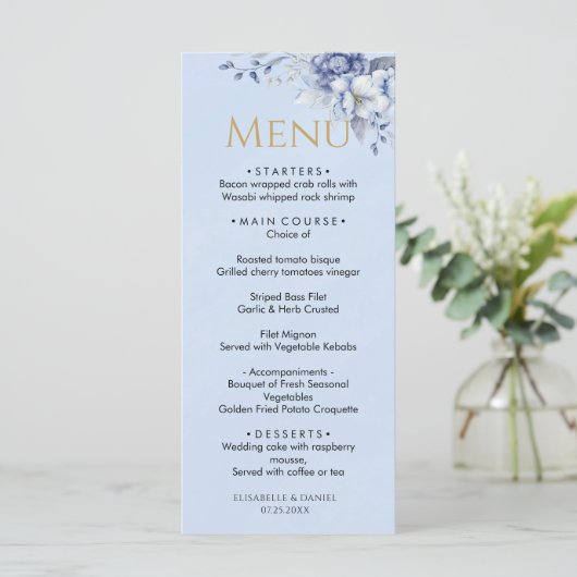 Elegant Dusty Powder Blue Floral Wedding Dinner メニュー (スタンド正面)