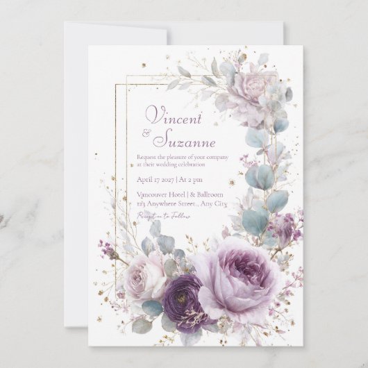 Elegant Dusty Purple Rose Eucalyptus Gold Glitter 招待状 (正面)