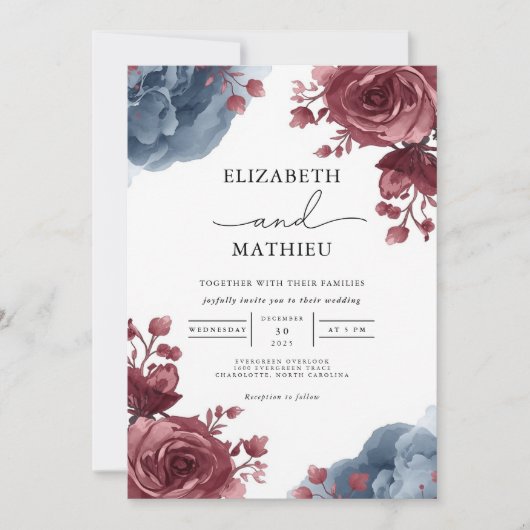 Elegant Dusty Rose Blue Floral Wedding 招待状 (正面)