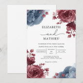 Elegant Dusty Rose Blue Floral Wedding 招待状 (正面/裏面)