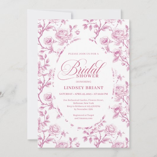 Elegant Dusty Rose Floral Bridal Shower Invitation 招待状 (正面)