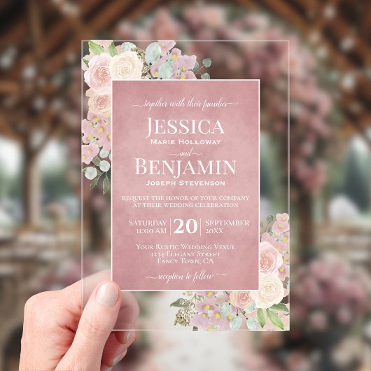 Elegant Dusty Rose Floral Stylish Text Wedding アクリル招待状