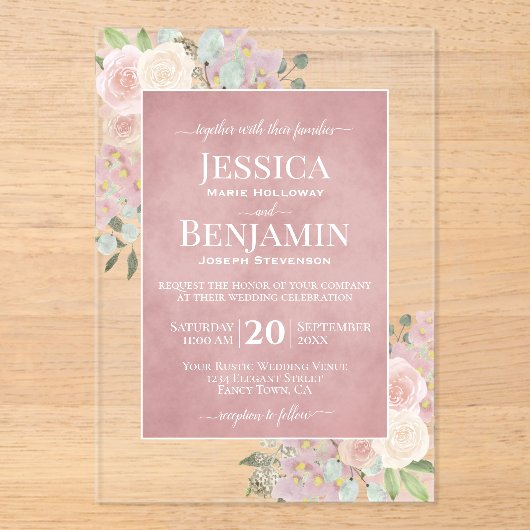 Elegant Dusty Rose Floral Stylish Text Wedding アクリル招待状 (正面)