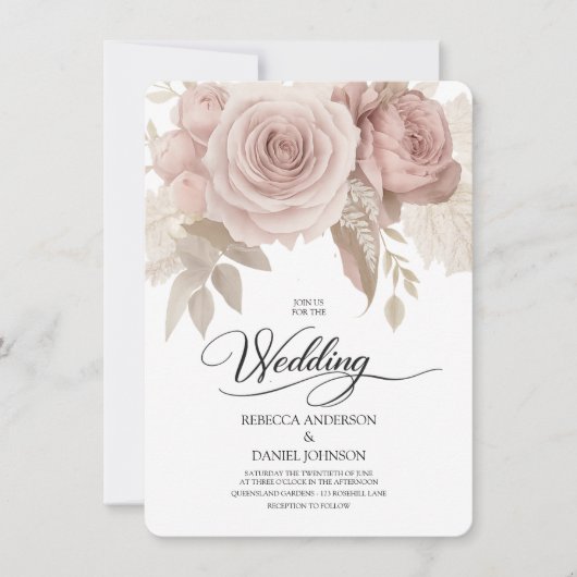 Elegant Dusty Rose Floral Wedding with Greenery 招待状 (正面)