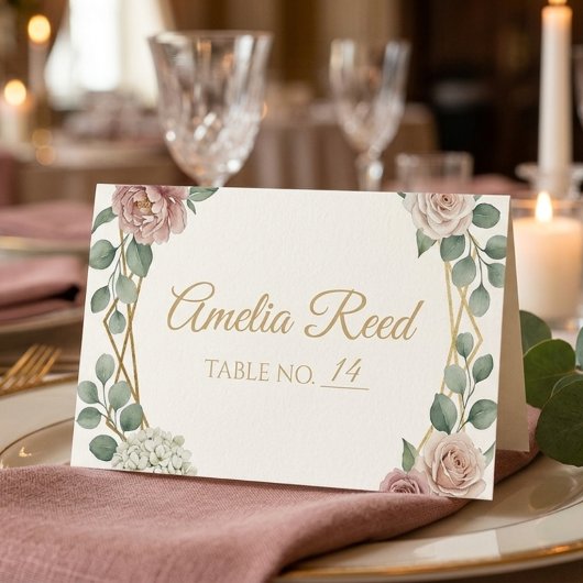 Elegant Dusty Rose Geometric Floral Watercolor  プレイスカード